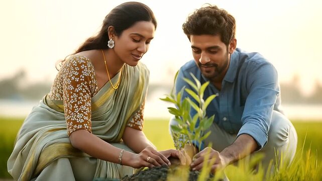 An eco friendly Onam with a sustainable pookalam made from recycled materials families planting saplings nearby green fields under a golden sunrise eco Onam sustainable