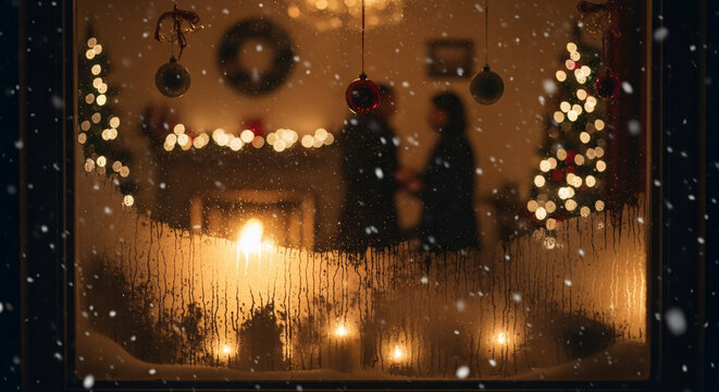 A cozy Christmas scene with a couple silhouetted in front of a fireplace, snow falling outside.