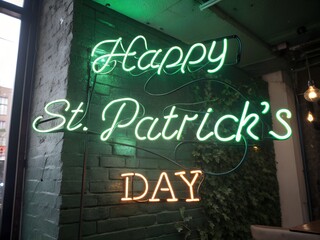 Obraz premium Bright green and orange neon sign reads happy st patricks day mounted on a brick wall