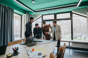 A professional team collaborates on a project in a bright, modern office setting. They are reviewing reports, utilizing digital tools, and fostering teamwork while surrounded by natural light.
