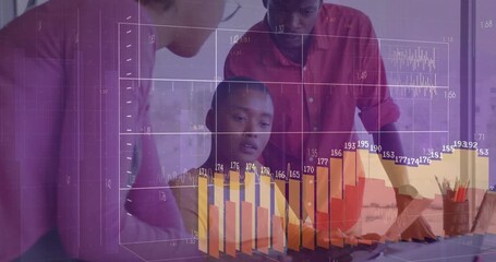 Coworkers analyzing laptop data summoning grid overlay growing shrinking charts in office - Powered by Adobe
