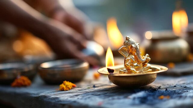 A serene morning puja for Ganesh Chaturthi with a golden Ganesha idol in a temple priests performing aarti with lamps and bells devotees in traditional attire folding hands in