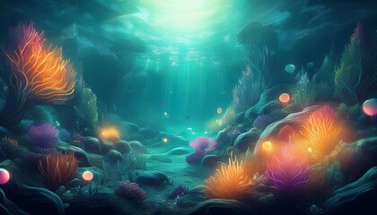 mysterious underwater dream world with glowing marine life