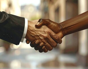 Close-up of two diverse hands clasped in a firm handshake, representing collaboration