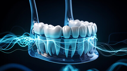 Detailed human jaw and teeth anatomy with glowing blue energy effects