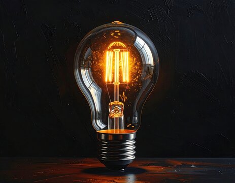 Close-up of a glowing filament light bulb against a dark backdrop - Powered by Adobe