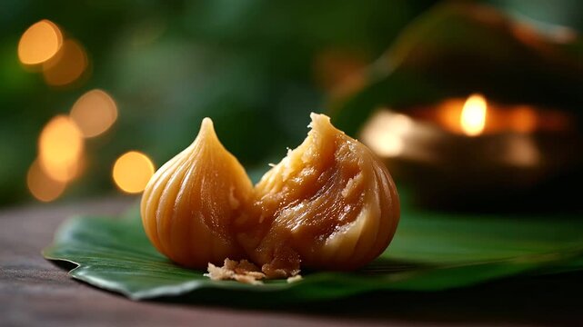 A close up of a single modak with a golden sheen split open to reveal gooey coconut jaggery filling placed on a banana leaf with diya glow in the background modak close up coco
