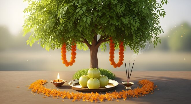 Amla Tree Puja with Gooseberry Fruits, Marigold Garlands, and Diya Lamp &mdash; Traditional Wellness and Nature Ritual Concept