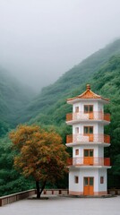 Traditional Chinese Pagoda Tower With Orange Tree In Misty Mountain Landscape With Greenery And Overcast Sky
