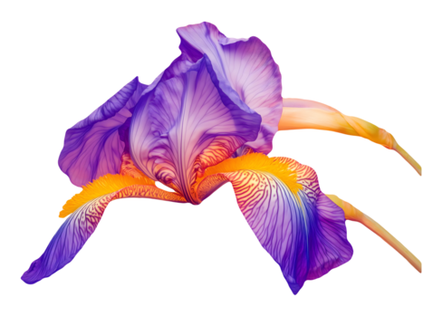 Close up of a vibrant purple and orange iris flower with delicate veins