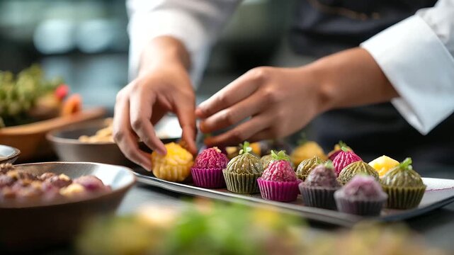 A modern vegan modak recipe scene with plant based fillings like almond and date a chef shaping them in a sleek kitchen colorful ingredients on display vegan modaks plant based
