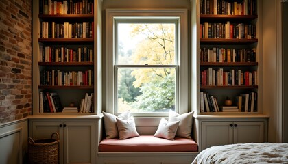 A cozy reading nook nestled under a sunlit window, featuring a plush built in window seat flanked by floor to ceiling bookshelves filled with a curated selection of literary treasures.