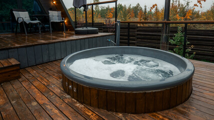 Outdoor hot tub on a wooden deck with a view of the autumn forest