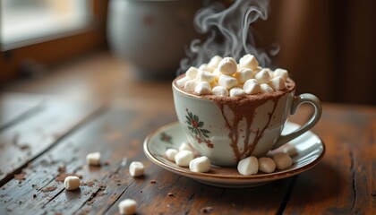 A steaming cup of rich brown hot chocolate topped with fluffy marshmallows, inviting you to take a sip and warm up on a chilly day.