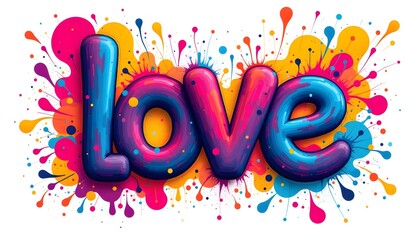 A vibrant and dynamic multicolored illustrative design featuring the word "love" in bold, whimsical typography overlaid with swirling abstract shapes