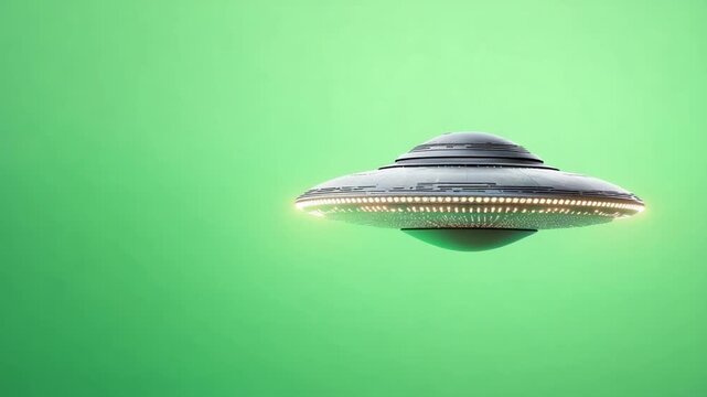 Futuristic flying saucer spaceship hovering over bright green background with lights and sleek design, captivating science fiction theme