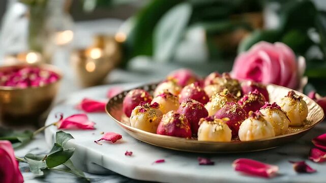 A luxurious modak dessert display at a high end Ganesh Chaturthi event gold dusted modaks with saffron and pistachio fillings on a marble table surrounded by rose petals luxury