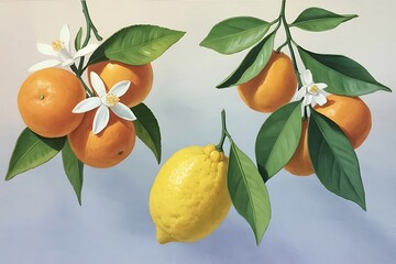 Fresh oranges and lemon with blossoms and leaves
