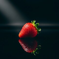 A single strawberry with green leaves on a reflective surface against a dark background with light