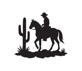 Naklejka premium Classic black silhouette featuring a lone cowboy on horseback, riding through a desert landscape with a tall saguaro cactus, embodying the spirit of the American Wild West and frontier adventures