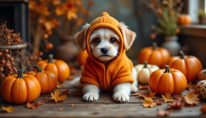 The adorable dog, dressed in a pumpkin costume, looks festive and cozy as they sit among the rustic autumn decor, adding a touch of Halloween spirit to the peaceful setting.