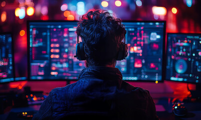 Young man with headphones programming multiple computer monitors with colorful coding and data visualization in dark environment with bokeh lights background