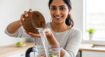 Smiling woman pouring coconut water from a shell into a blender for a healthy smoothie. Preparing a vegan drink in a bright kitchen. Healthy lifestyle and nutrition concept