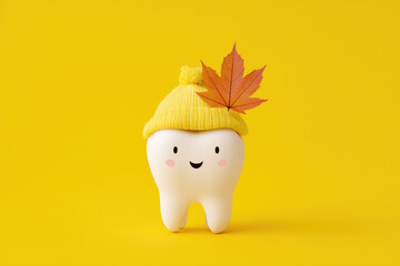 Happy Smiling White Tooth with Yellow Cap and Leaf, Autumn Dental Care Concept