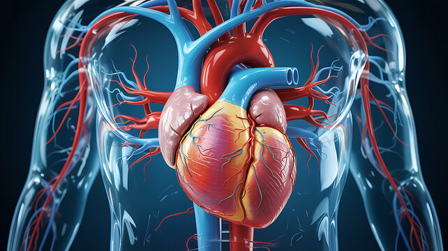 Detailed human heart anatomy with circulatory system and torso view