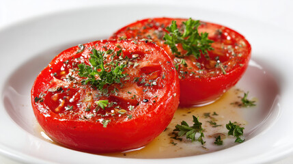 Gegrillte Tomatenhälften mit frischen Kräutern und Olivenöl auf weißem Teller