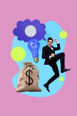 Collage featuring confident business man woman with money bag light bulb laptop smartphone symbolizing ideas success payment