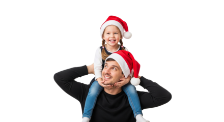 Happy Santa Claus with a smiling young man in a Santa hat and a child celebrating the Christmas holiday