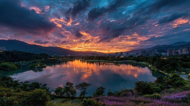 Dramatic Fiery Sunset Reflecting on Dahu Park Lake, Taipei, with Vibrant Sky and Mountainous Cityscape