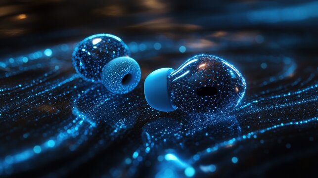 A pair of wireless earbuds with glowing particles around them on a surface