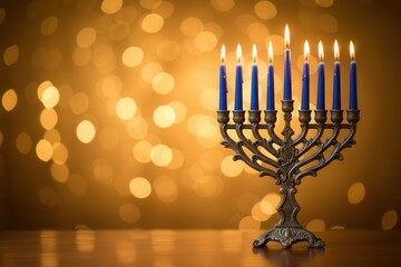 A lit Hanukkah menorah with nine blue candles for the Jewish holiday. Festival of Lights celebration with a golden bokeh background and copy space