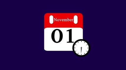 November 01 calendar with moving clock animation , Schedule concepts. Modern flat design graphic elements, Date counting calendar date on transparent background