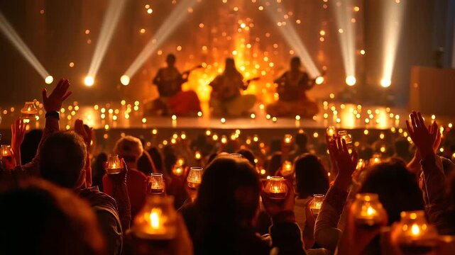 A traditional Ganesh Chaturthi music concert with bhajan singers performing in front of a glowing Ganesha stage audience swaying with lit candles Ganesha bhajans music concert