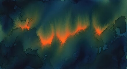 Abstract aurora-inspired watercolor with vibrant orange and deep blue hues