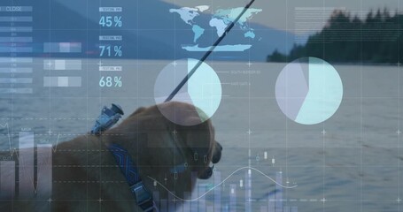 Dog yawning on boat causing charts and percent overlays floating around lake at dusk for analytics - Powered by Adobe