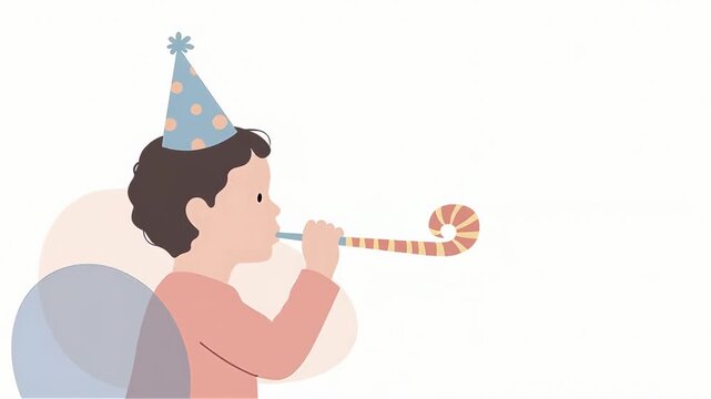 Young child celebrating with party hat and blower against plain white background