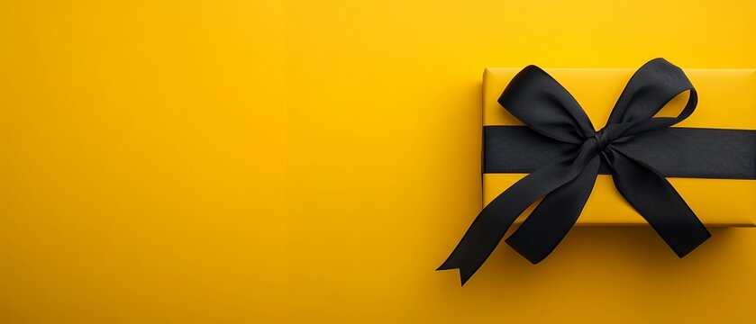 A stylish yellow gift box adorned with a black ribbon on a yellow background, offering copy space for text