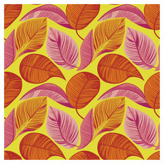 This seamless pattern features large, stylized leaves in rich shades of pink, orange, and yellow, set against a vibrant yellow background. The leaves have intricate line details and curved shapes.