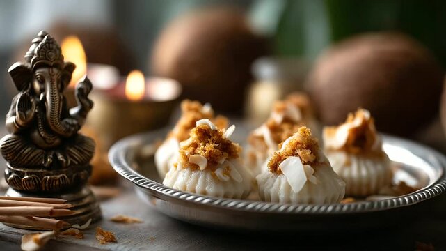 A close up of traditional modak sweets arranged on a silver plate with coconut and jaggery fillings next to a small Ganesha figurine and lit incense sticks for Ganesh Chaturthi