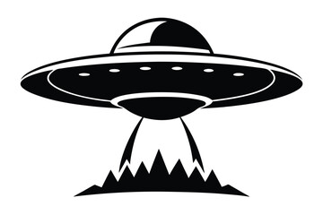 Silhouette of a black UFO landing on a mountain leaving a bright trail