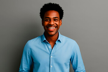 Obraz premium Young african american man smiling confidently against a grey background