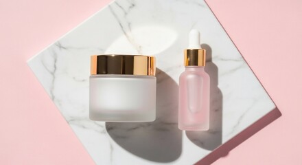 Elegant skincare products sit on marble surface against soft pink backdrop, showcasing luxury and beauty with clean, minimalist aesthetic.
