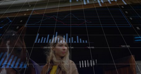 Woman standing stable doorway starting data monitoring upon horse entering frame under bar charts - Powered by Adobe