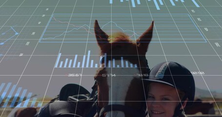 Equine data animating charts for analysis initiating zooming camera while siblings stroking horse - Powered by Adobe