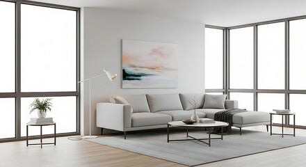 Fototapeta premium Spacious contemporary apartment living area with minimalist furniture and abstract wall art