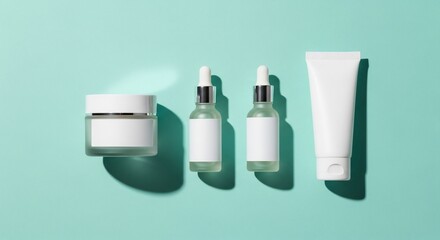 Cosmetic products arranged neatly on a pastel blue surface, showcasing minimalist packaging and clean beauty aesthetic in soft, natural light.